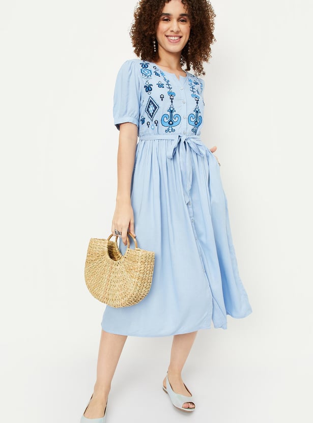 Women Embroidered Midi Boho Dress