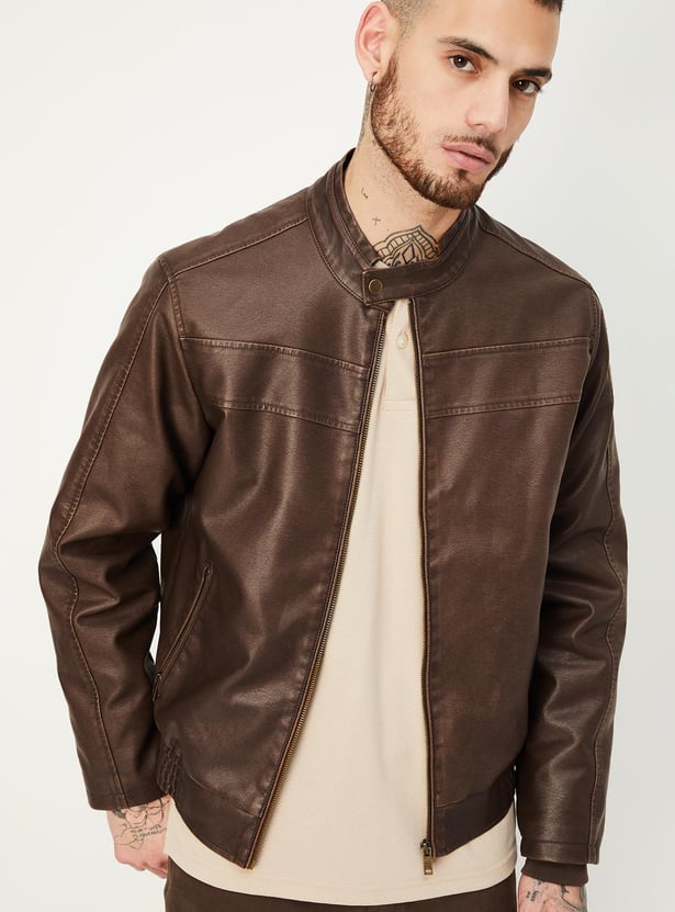 Men Solid Biker Faux Leather Jacket