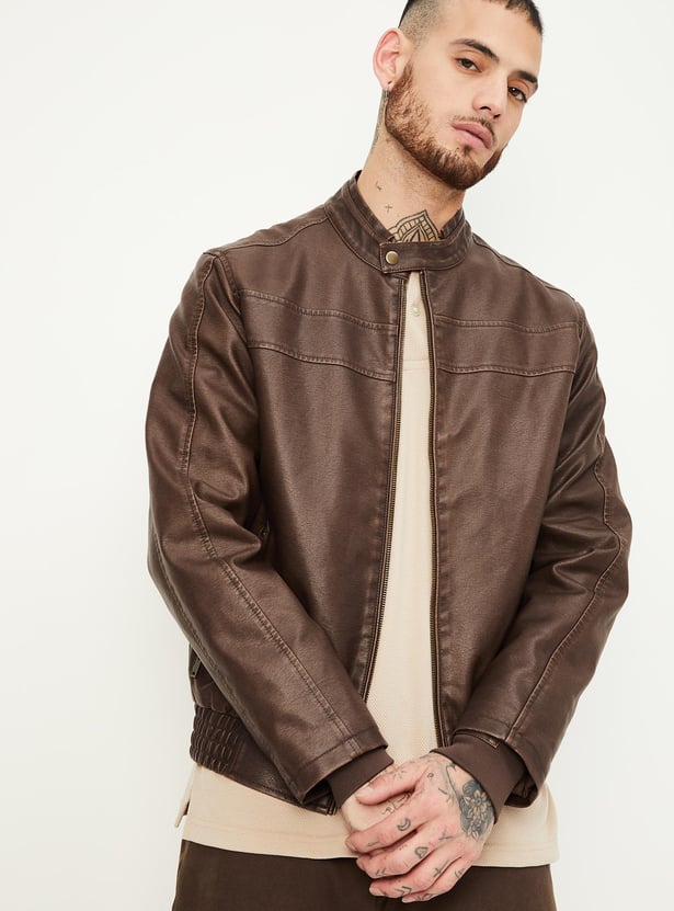 Men Solid Biker Faux Leather Jacket