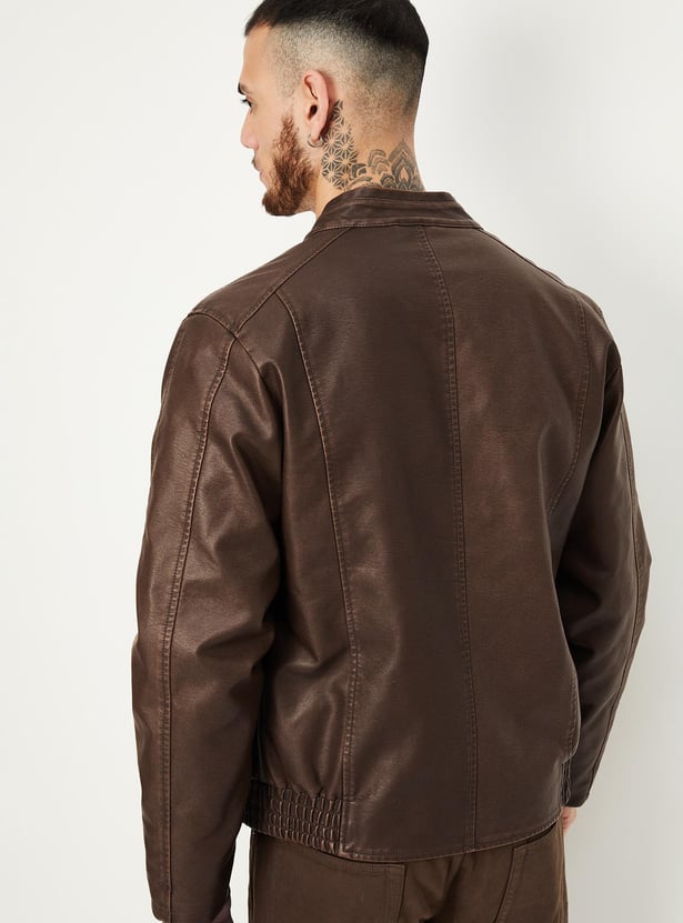 Men Solid Biker Faux Leather Jacket