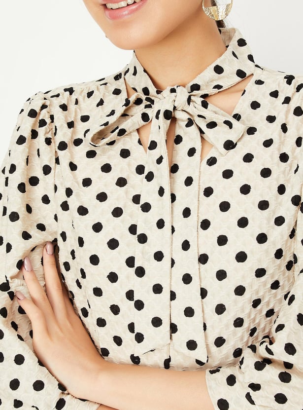 Women Polka Dot Tie-Up Neck Top