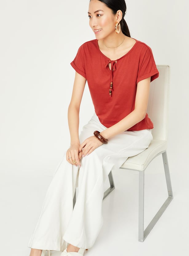 Women Solid Tie-up Neck Top