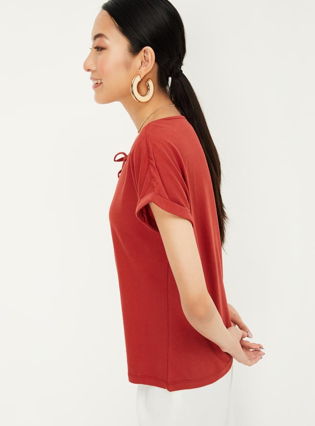 Women Solid Tie-up Neck Top
