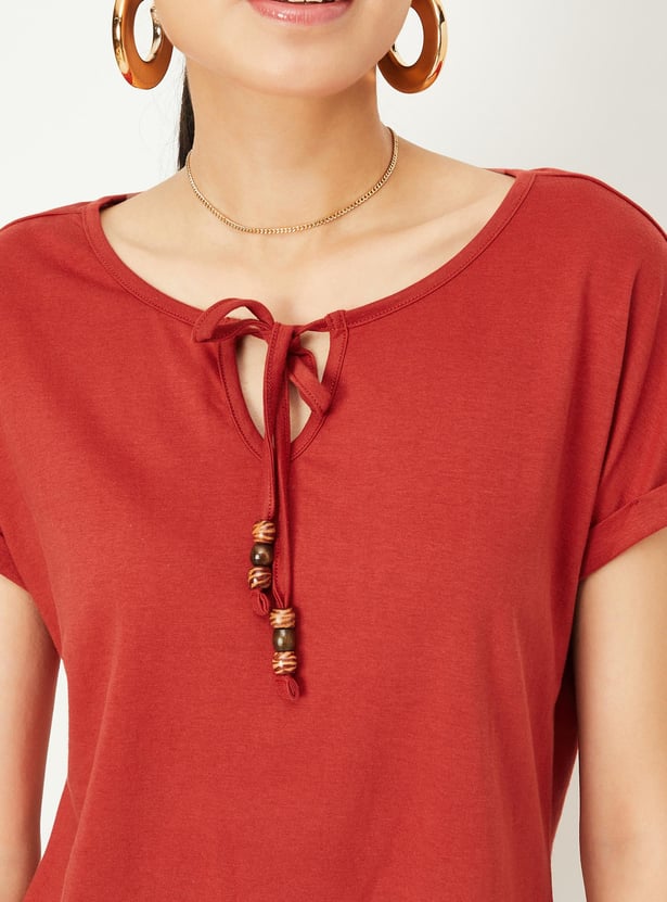 Women Solid Tie-up Neck Top