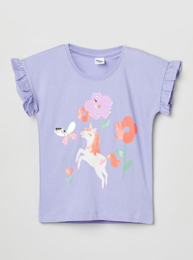 Girls Printed Top with Ruffled Sleeves