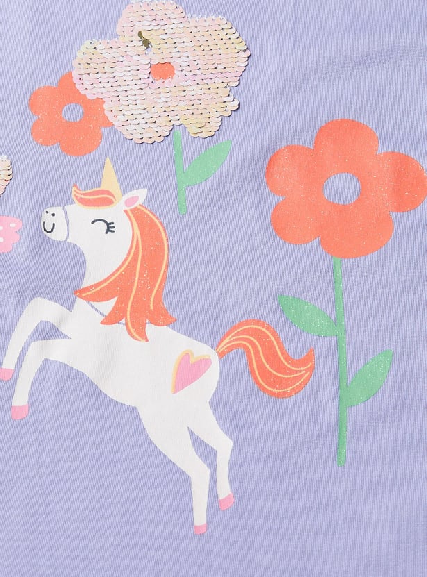 Girls Printed Top with Ruffled Sleeves