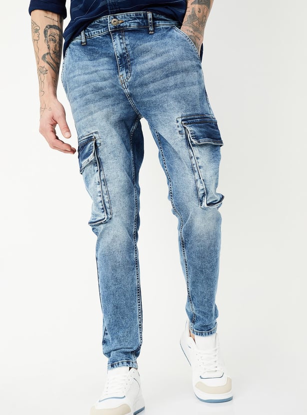 Men Carrot Fit Washed Cargo Jeans