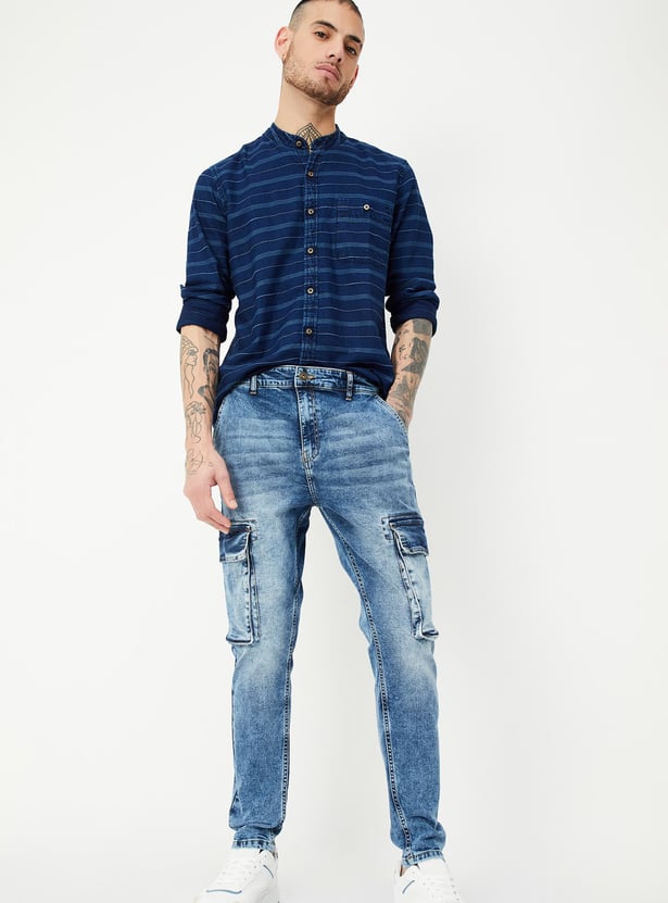 Men Carrot Fit Washed Cargo Jeans