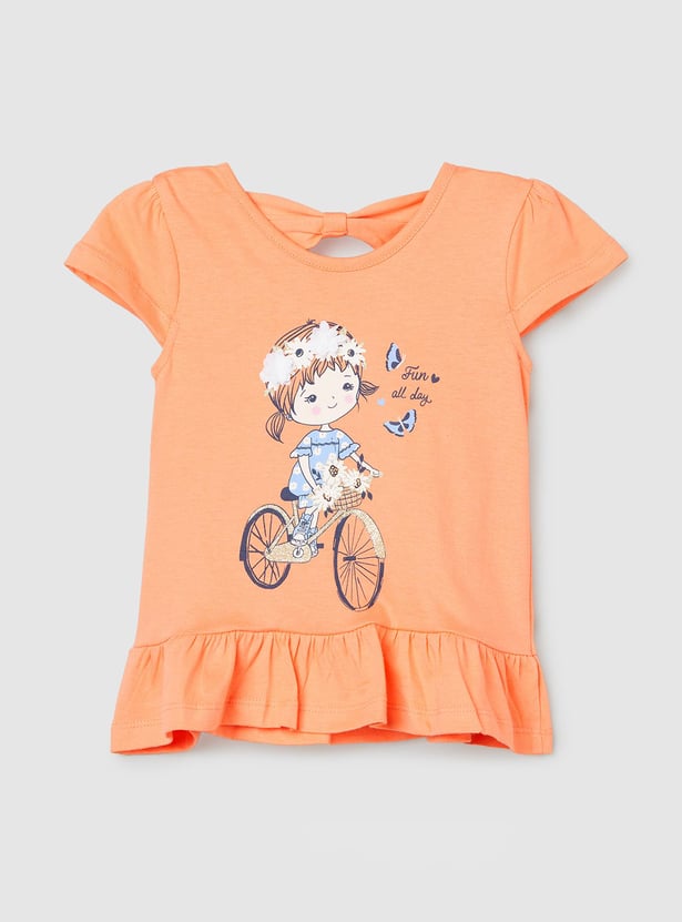 Girls Printed T-shirt with Ruffled Hem