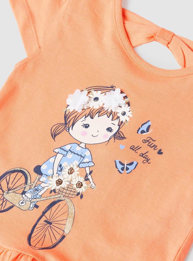 Girls Printed T-shirt with Ruffled Hem