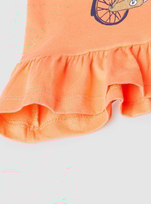 Girls Printed T-shirt with Ruffled Hem