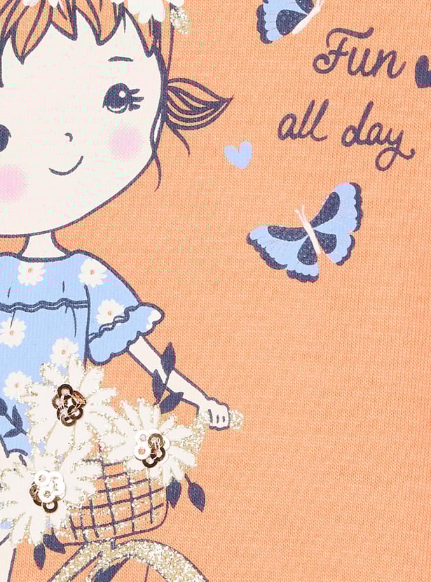Girls Printed T-shirt with Ruffled Hem