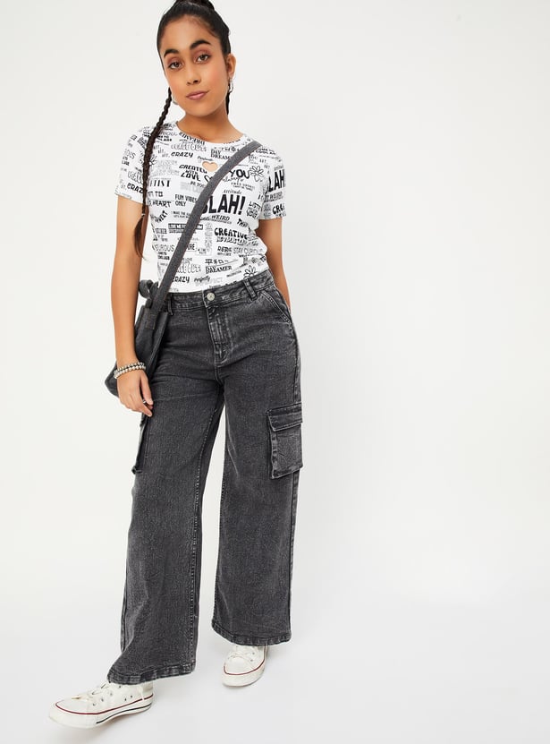 Girls Slim Fit Washed Cargo Jeans