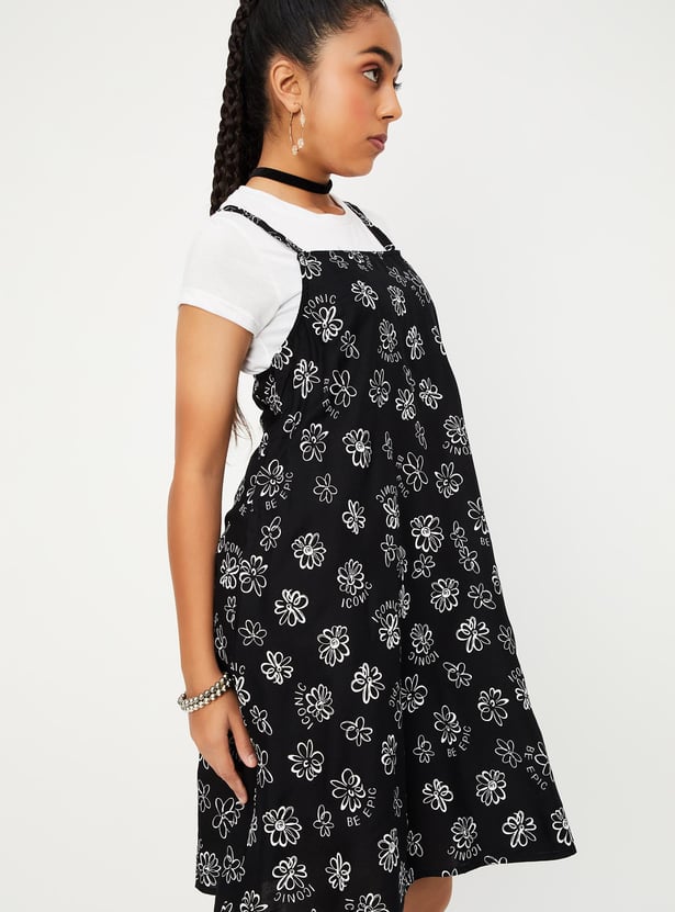 Girls Printed Pinafore Dress with T-shirt