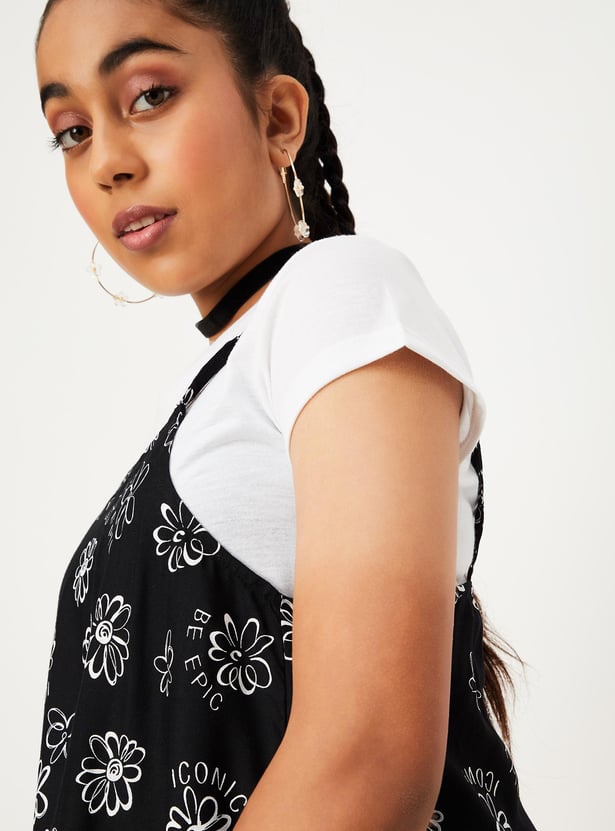 Girls Printed Pinafore Dress with T-shirt