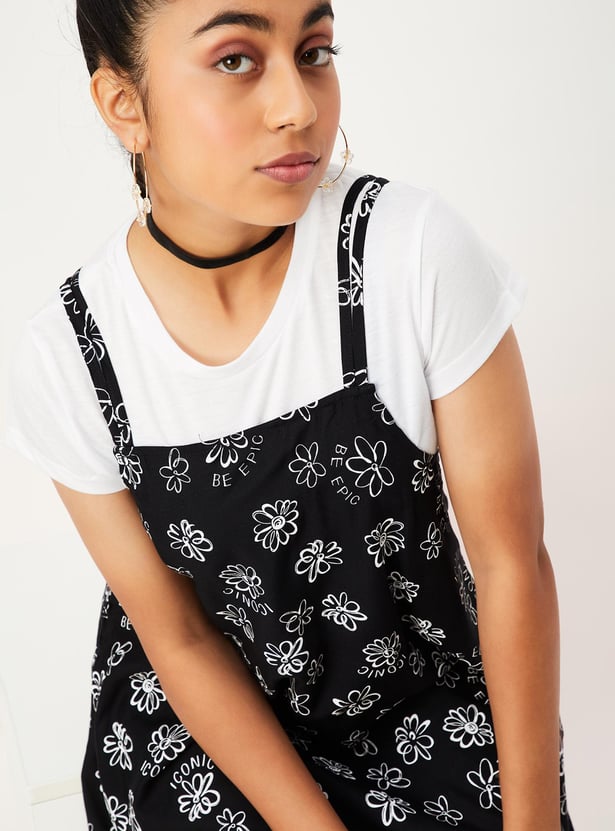 Girls Printed Pinafore Dress with T-shirt