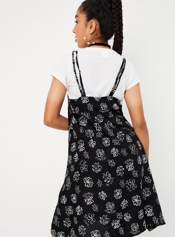 Girls Printed Pinafore Dress with T-shirt