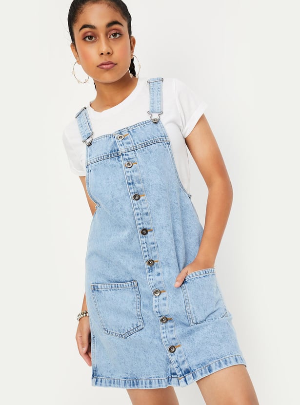 Girls Solid Denim Pinafore Dress