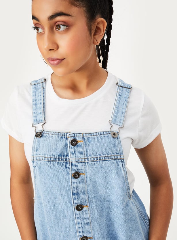 Girls Solid Denim Pinafore Dress