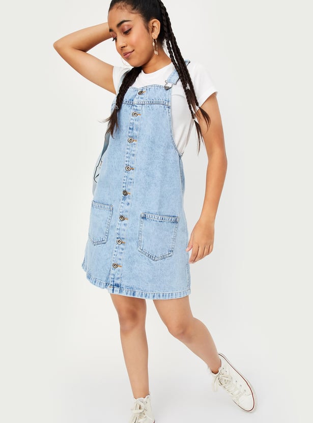 Girls Solid Denim Pinafore Dress