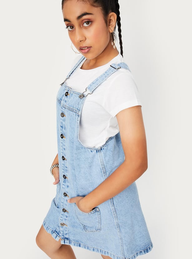 Girls Solid Denim Pinafore Dress