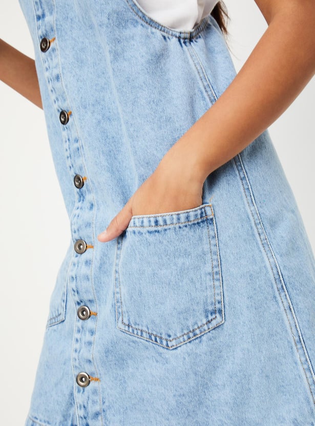 Girls Solid Denim Pinafore Dress