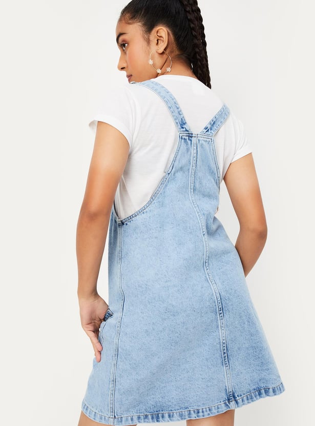 Girls Solid Denim Pinafore Dress