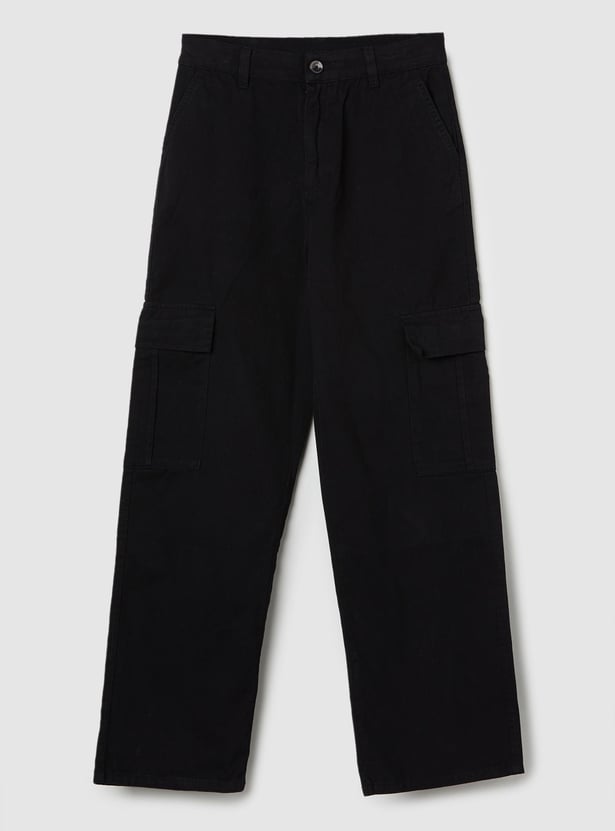 Girls Solid High Waist Cargos