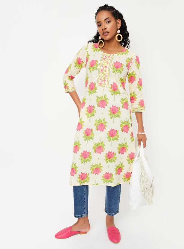 Purple & Beige Floral Printed Straight Kurta With 3/4 Sleeves