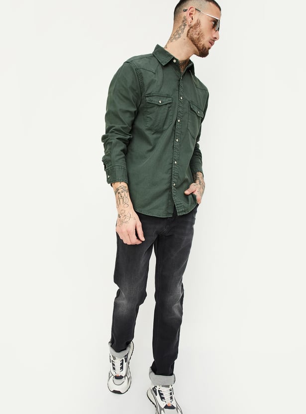 Men Blue Tencel Flap Pocket Regular Shirt