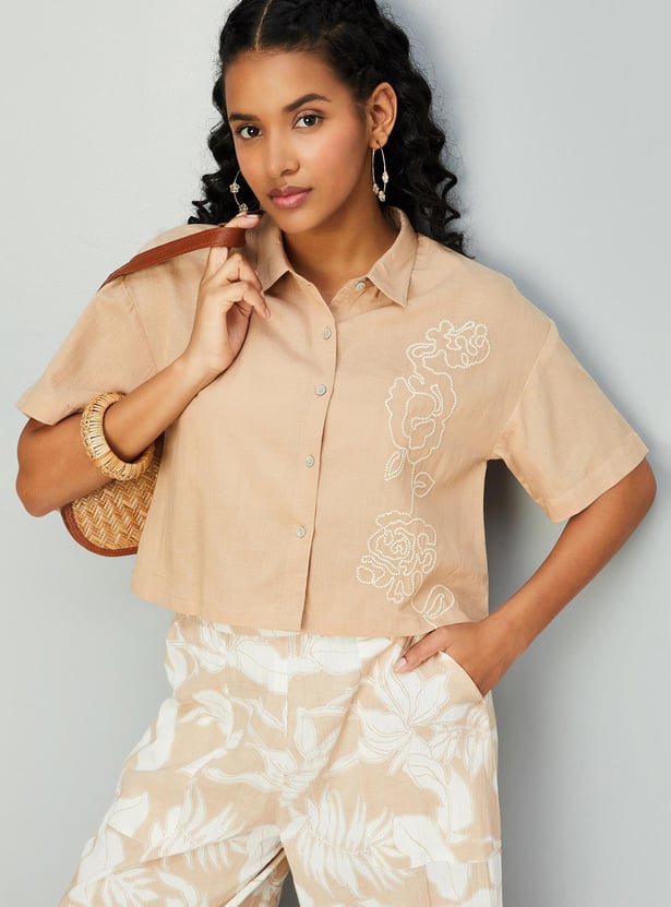 Women Embroidered Rayon Shirt Style Crop Top