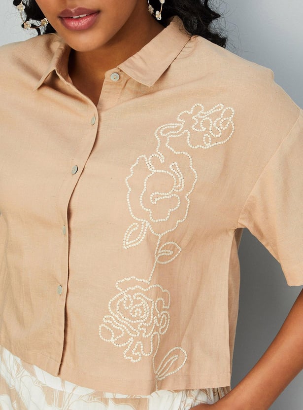 Women Embroidered Rayon Shirt Style Crop Top