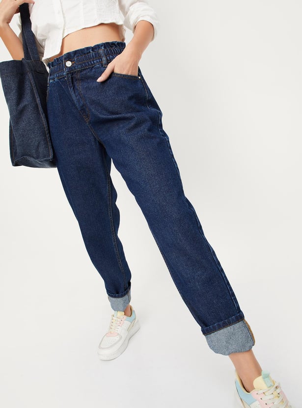 Women Paperbag Waist Mom Fit Jeans