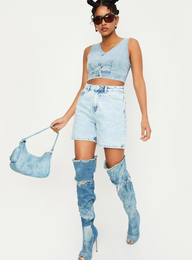 Women Washed Button-Zip Closure Shorts