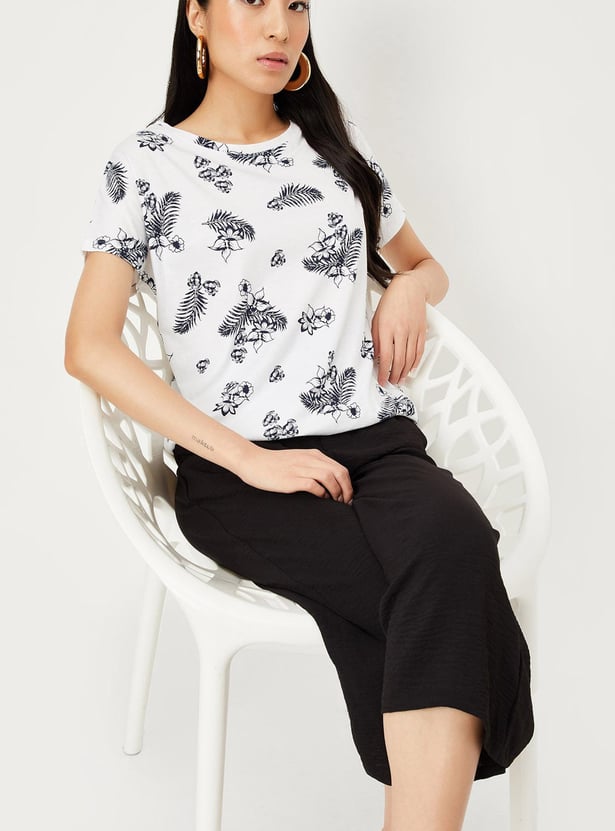 Buy Women Floral Print Tshirt with Elasticated Hem Online at just Rs
