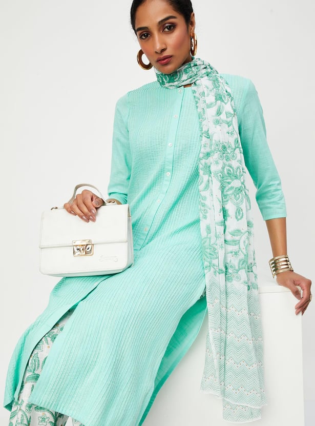 Blue - Plain Slub Silk Pintuck Straight Kurta with Ikat Patchwork
