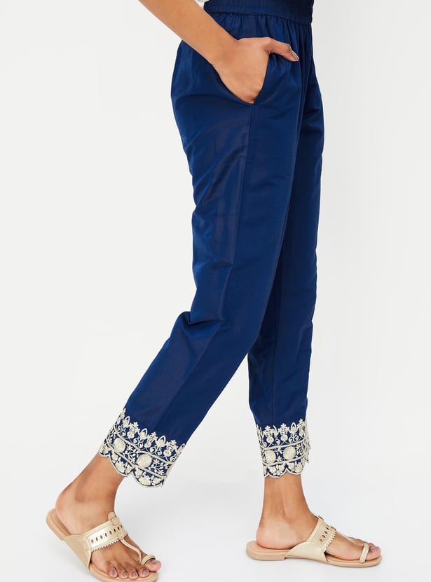 Women Straight Pants with Embroidered Hem