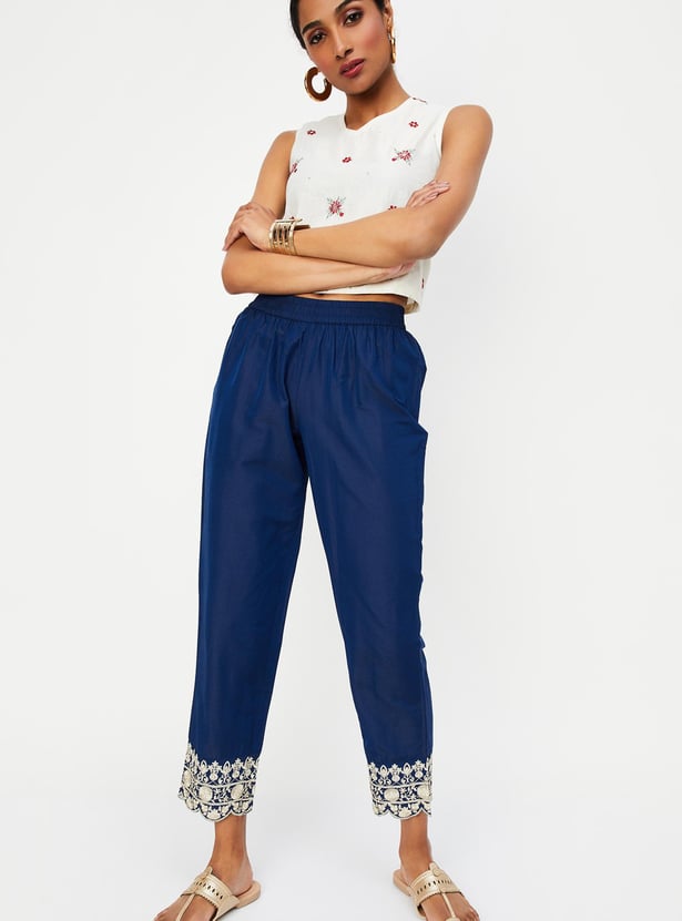Women Straight Pants with Embroidered Hem