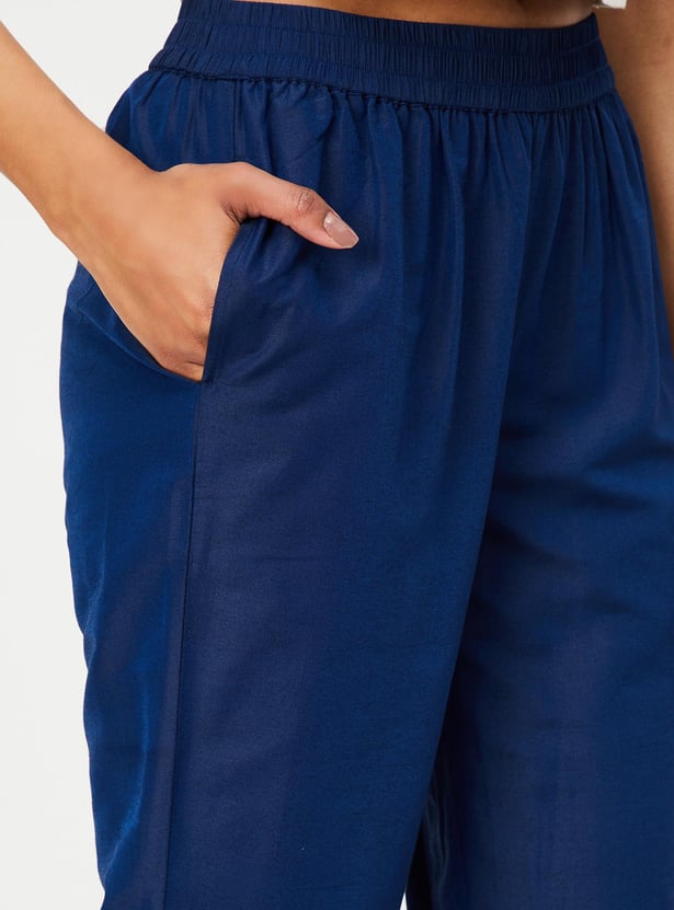 Women Straight Pants with Embroidered Hem