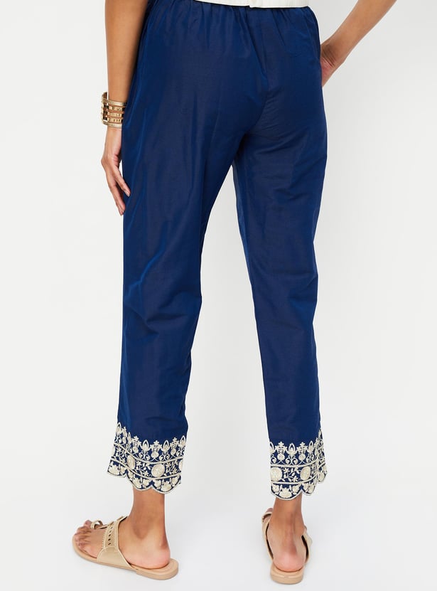 Women Straight Pants with Embroidered Hem
