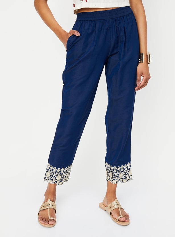 Women Straight Pants with Embroidered Hem