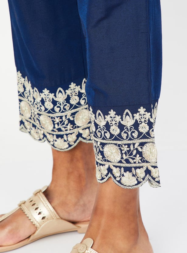 Women Straight Pants with Embroidered Hem