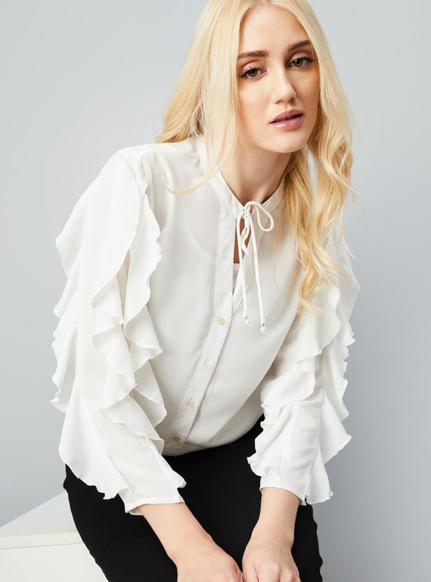 Women Ruffled Tie-Up Neck Blouse with Camisole