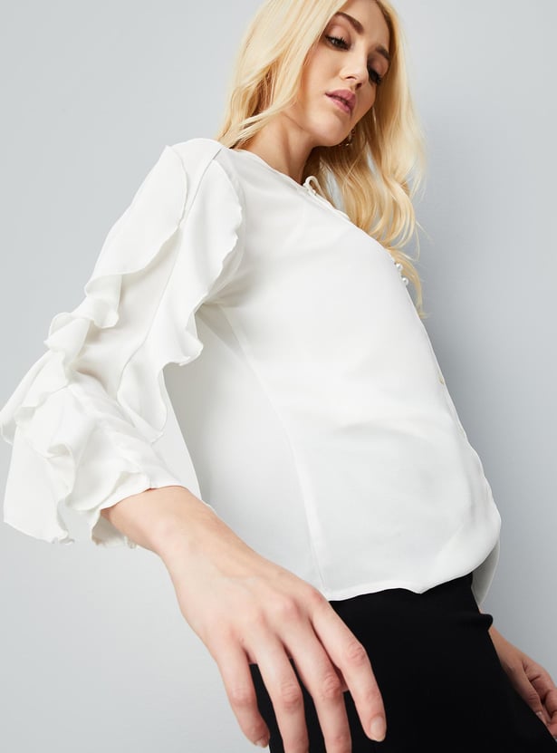 Women Ruffled Tie-Up Neck Blouse with Camisole