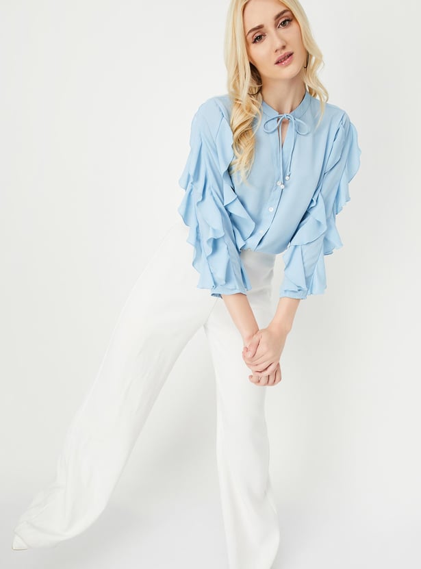 Women Ruffled Tie-Up Neck Blouse with Camisole