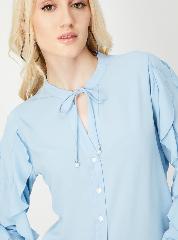 Women Ruffled Tie-Up Neck Blouse with Camisole