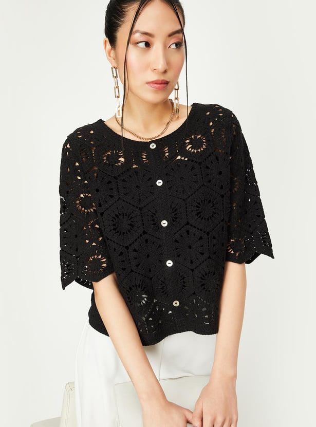 Women Knit Round Neck Crochet Top