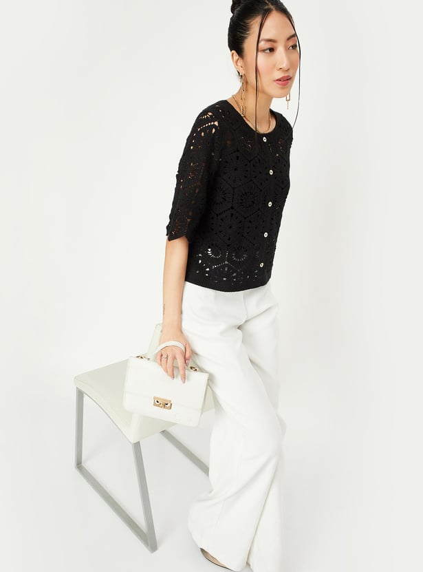 Women Knit Round Neck Crochet Top