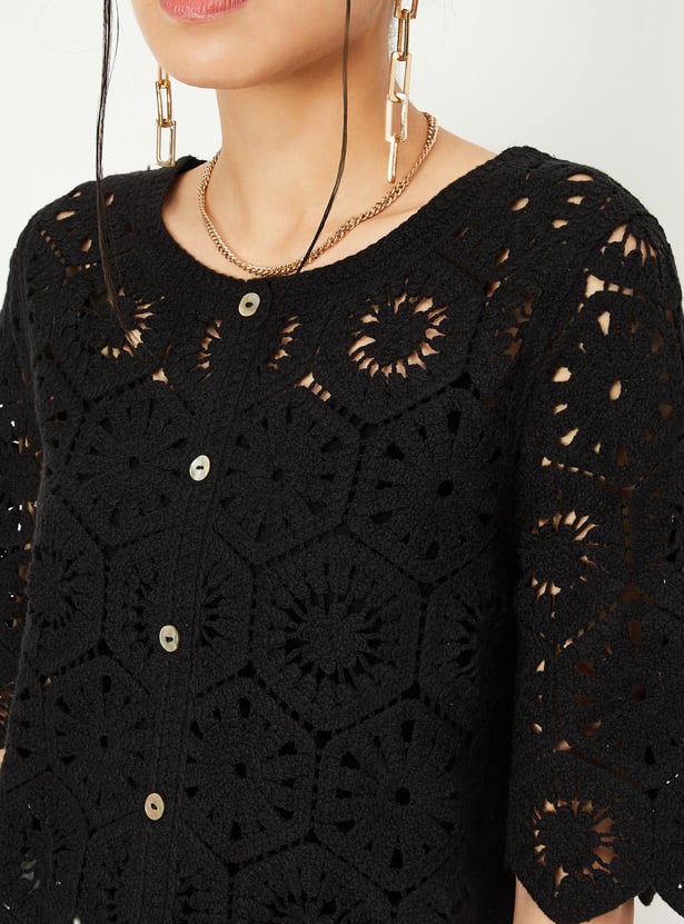 Women Knit Round Neck Crochet Top