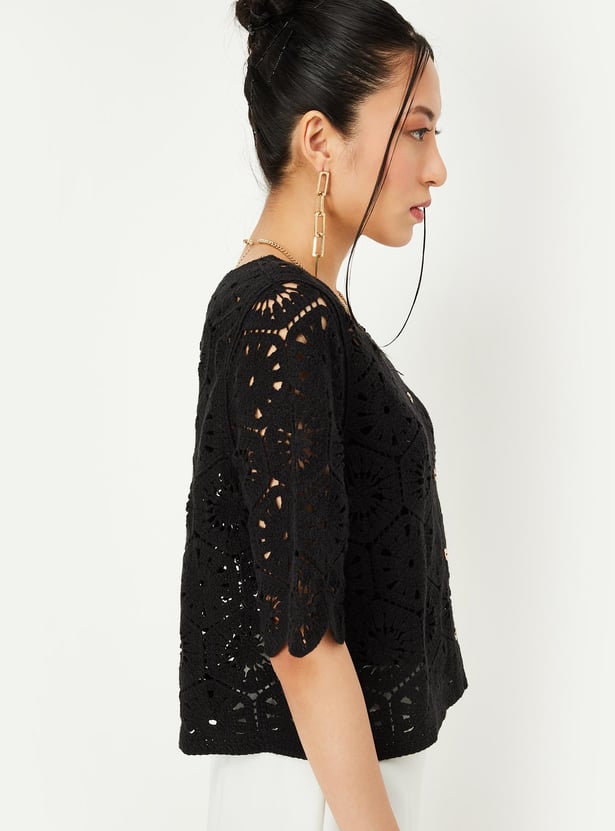 Women Knit Round Neck Crochet Top